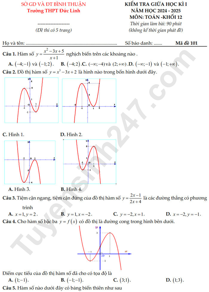 De thi giua HK1 lop 12 mon Toan - THPT Duc Linh 2024 (Co dap an)