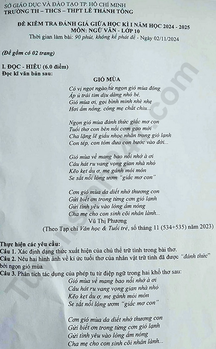 De thi giua ki 1 lop 10 mon Van - THPT Le Thanh Tong 2024