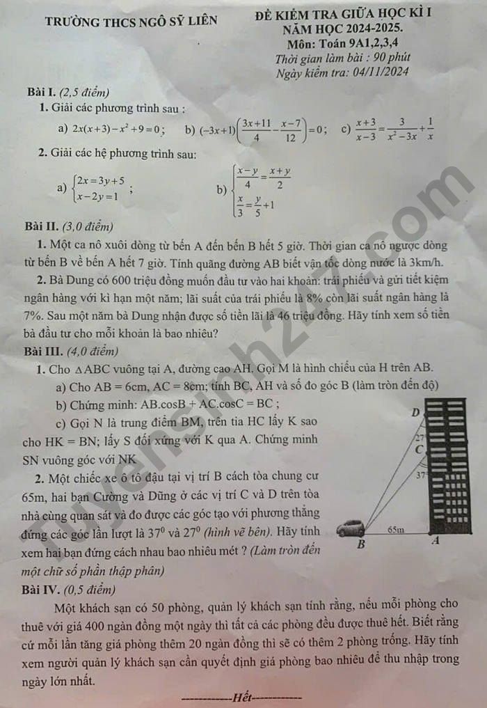 De thi giua ki 1 Toan 9 THCS Ngo Sy Lien 2024