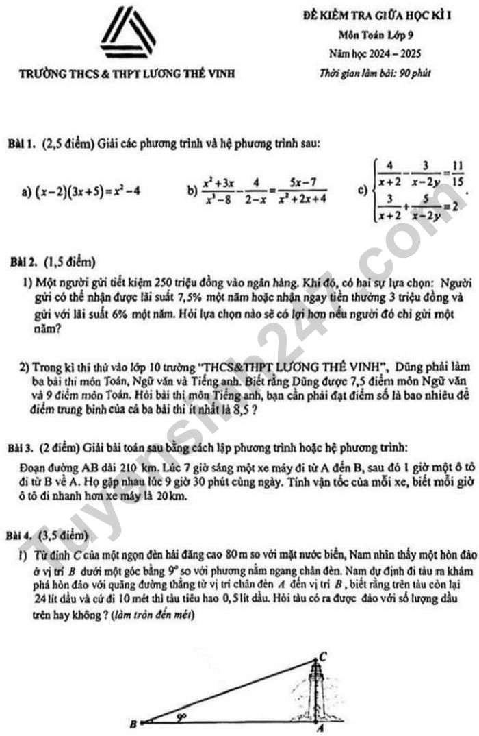 De thi giua ki 1 lop 9 mon Toan 2024 - THCS&THPT Luong The Vinh
