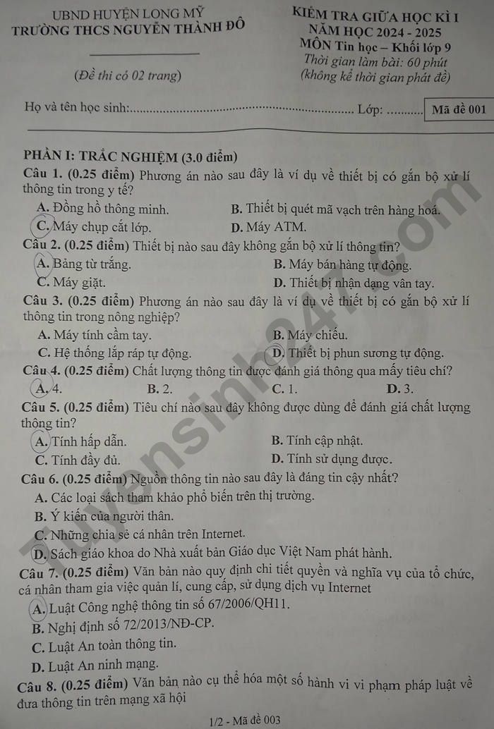De thi giua ki 1 mon Tin lop 9 THCS Nguyen Thanh Do 2024