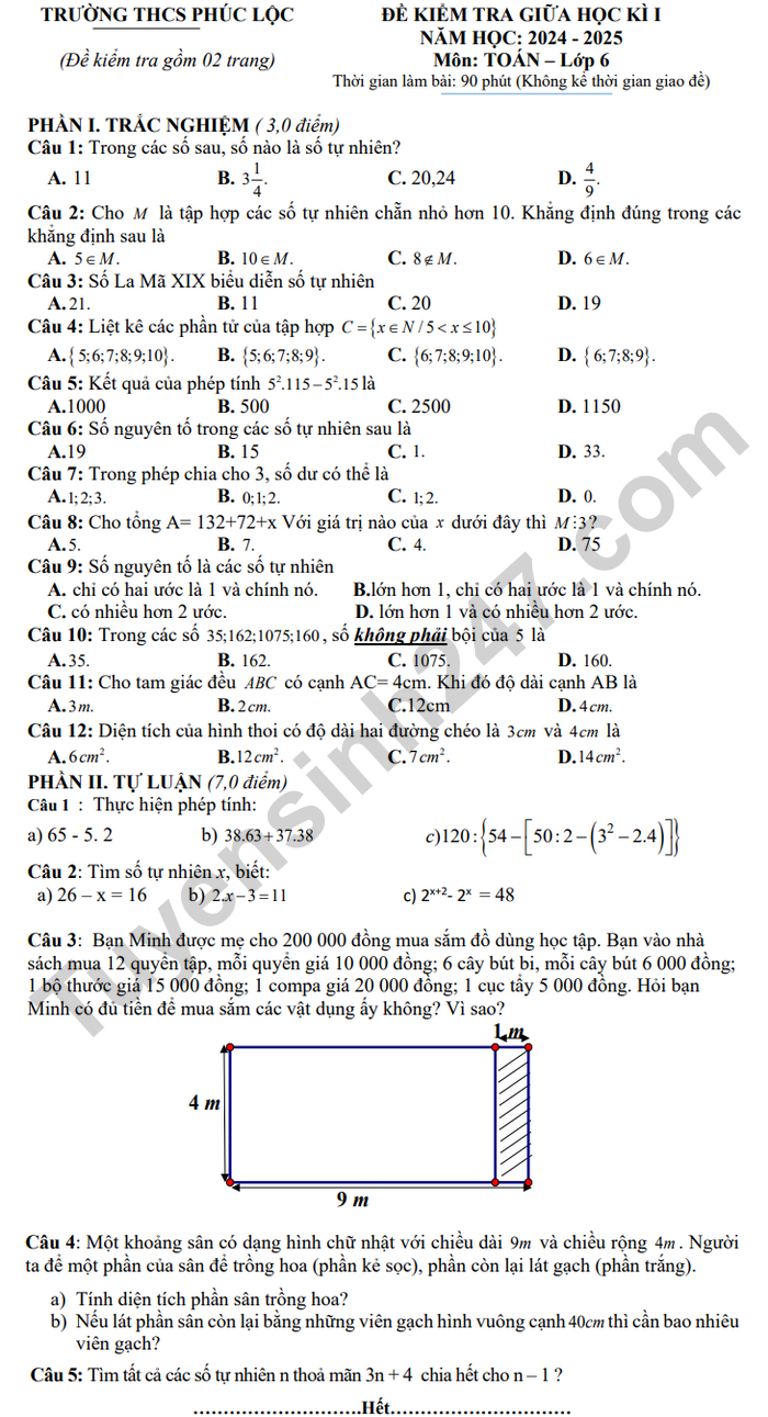 De thi giua hoc ki 1 lop 6 mon Toan - THCS Phuc Loc 2024