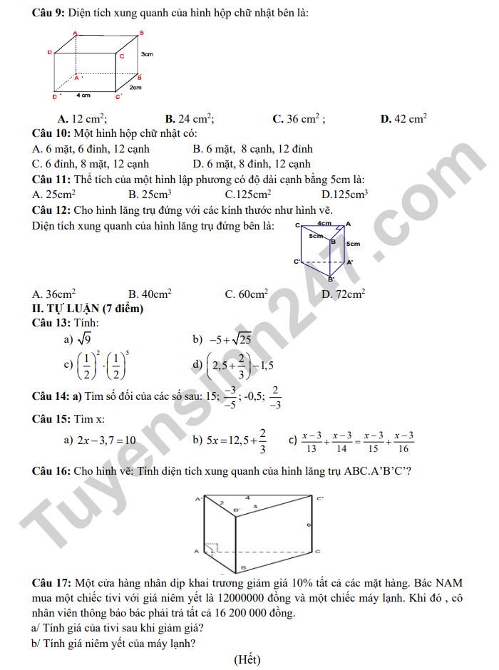 De kiem tra giua ki 1 mon Toan 7 THCS Phuc Loc 2024 - Co dap an