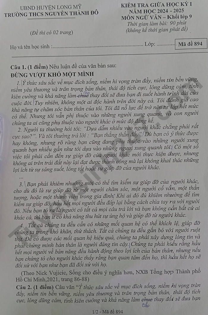 De kiem tra giua ki 1 lop 9 mon Van 2024 - THCS Nguyen Thanh Do