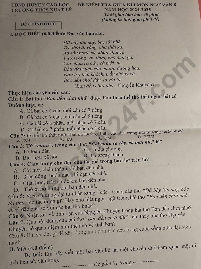 De thi giua ki 1 mon Van 8 nam 2024 - THCS Xuat Le