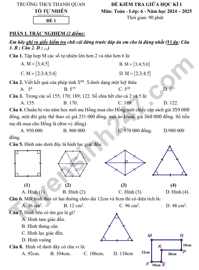 De kiem tra giua ki 1 Toan lop 6 THCS Thanh Quan 2024 (co dap an)