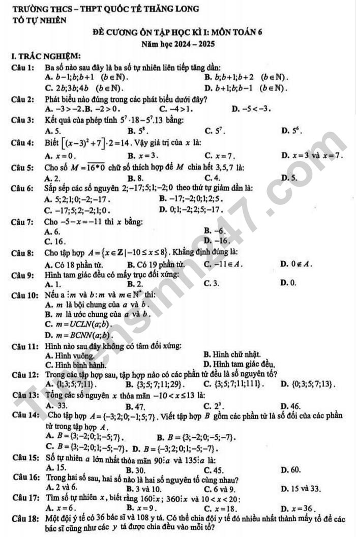 De cuong on tap hoc ki 1 lop 6 mon Toan 2024 - THCS-THPT Quoc te Thang Long