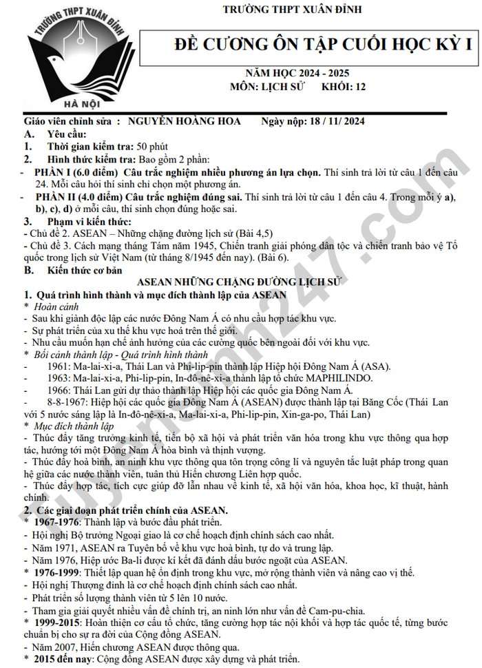 De cuong on tap hoc ki 1 lop 12 mon Su 2024 - THPT Xuan Dinh