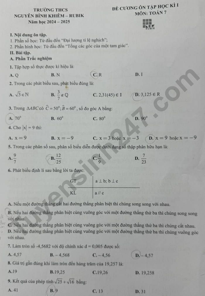 De cuong on tap ki 1 mon Toan 7 THCS Nguyen Binh Khiem - Rubik 2024
