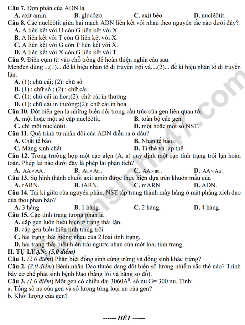 De thi hoc ki 1 lop 9 mon Sinh - THCS Nguyen Duy Hieu 2024