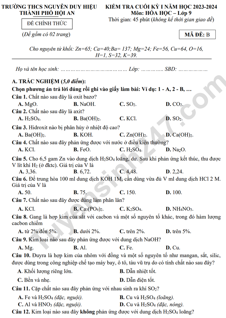 De thi HK1 lop 9 mon Hoa - THCS Nguyen Duy Hieu 2024