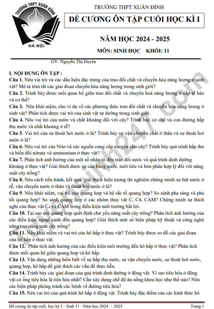 De cuong hoc ki 1 mon Sinh lop 11 THPT Xuan Dinh 2024