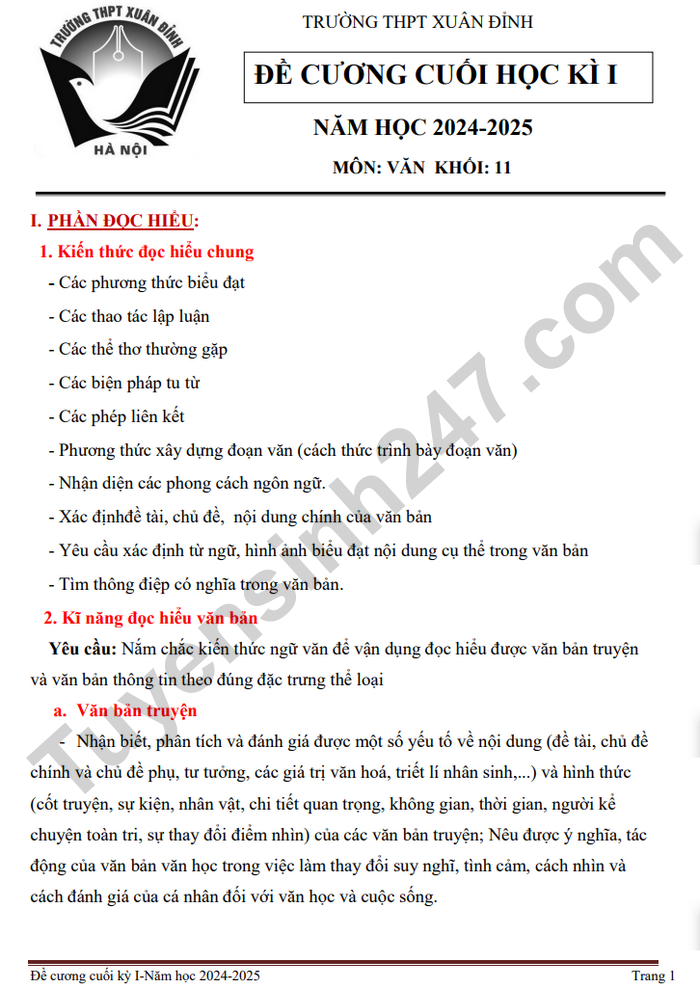 De cuong cuoi ki 1 nam 2024 THPT Xuan Dinh - Van lop 11