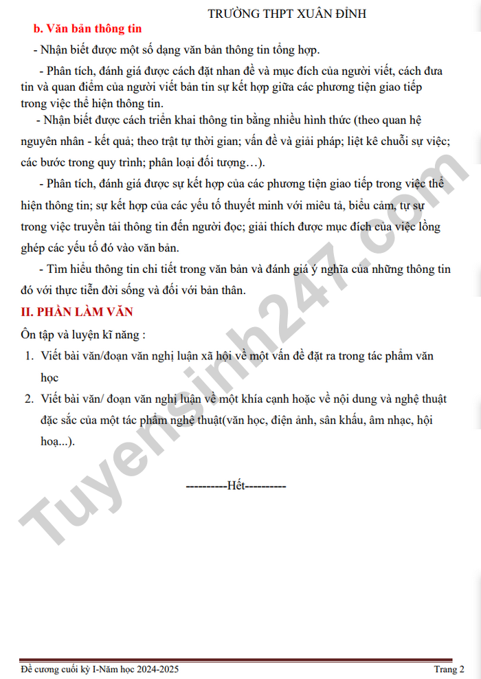 De cuong cuoi ki 1 nam 2024 THPT Xuan Dinh - Van lop 11