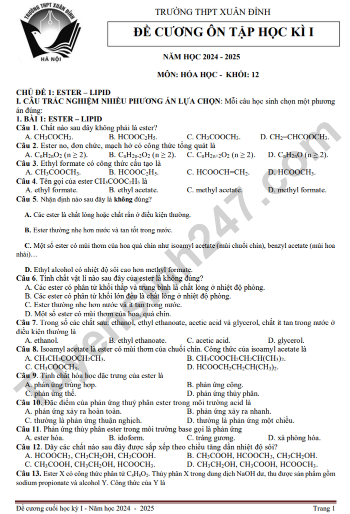 De cuong on tap HK1 mon Hoa lop 12 THPT Xuan Dinh 2024