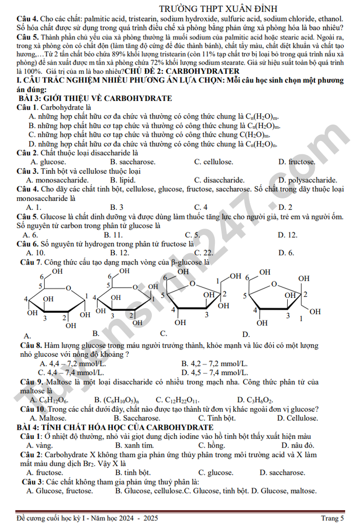 De cuong on tap HK1 mon Hoa lop 12 THPT Xuan Dinh 2024