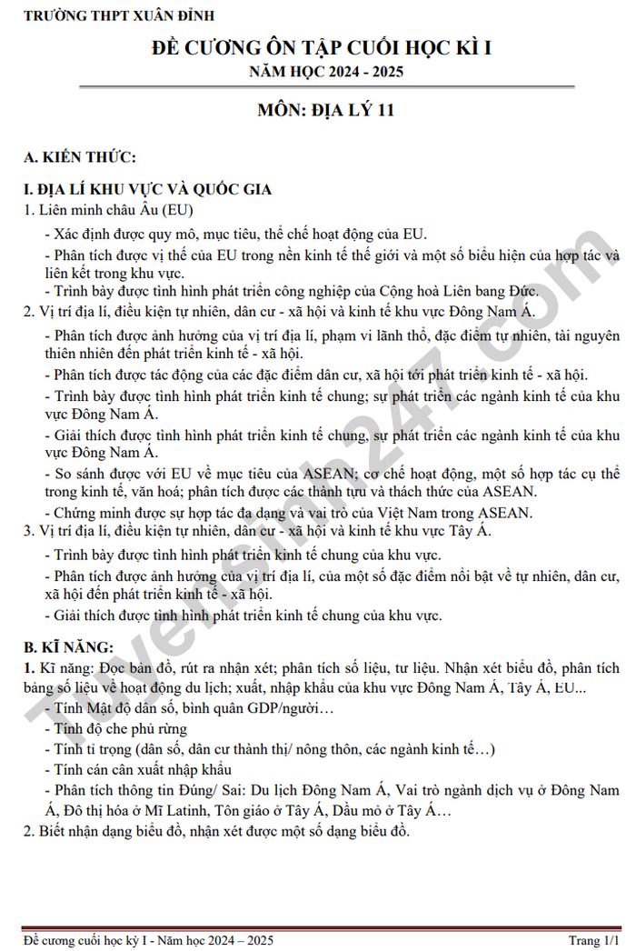 De cuong on tap ki 1 mon Dia lop 11 THPT Xuan Dinh 2024