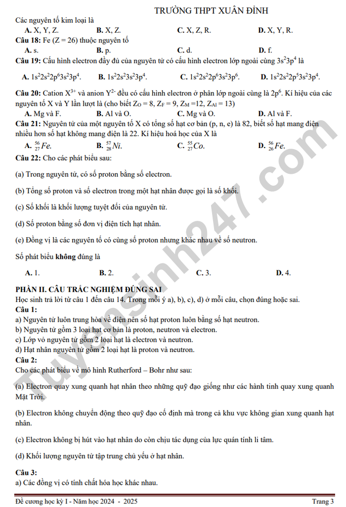 De cuong hoc ki 1 nam 2024 THPT Xuan Dinh - lop 10 mon Hoa