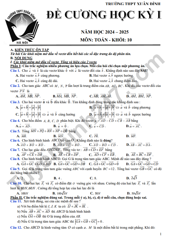 De cuong hoc ki 1 lop 10 mon Toan 2024 - THPT Xuan Dinh