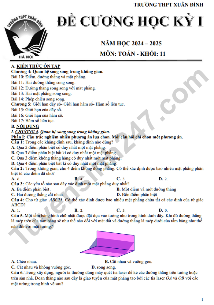 De cuong hoc ki 1 mon Toan lop 11 THPT Xuan Dinh 2024