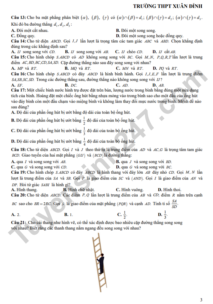 De cuong hoc ki 1 mon Toan lop 11 THPT Xuan Dinh 2024