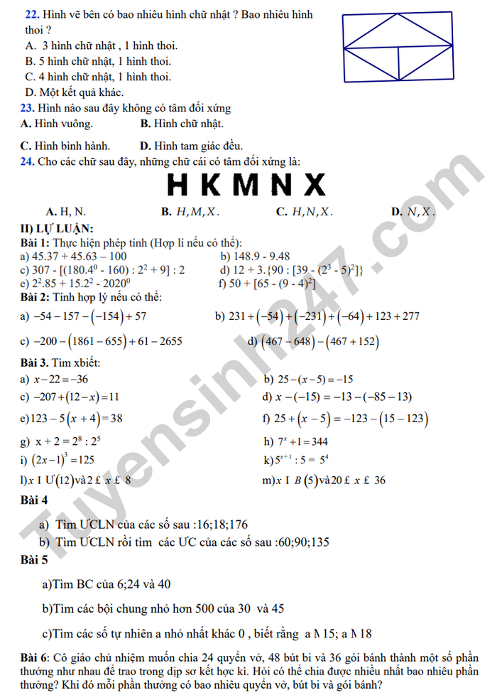 De cuong on tap HK1 lop 6 mon Toan - THCS Phan Chu Trinh 2024