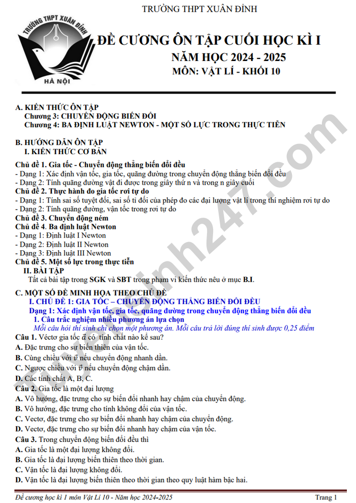 De cuong hoc ki 1 nam 2024 THPT Xuan Dinh - lop 10 mon Ly
