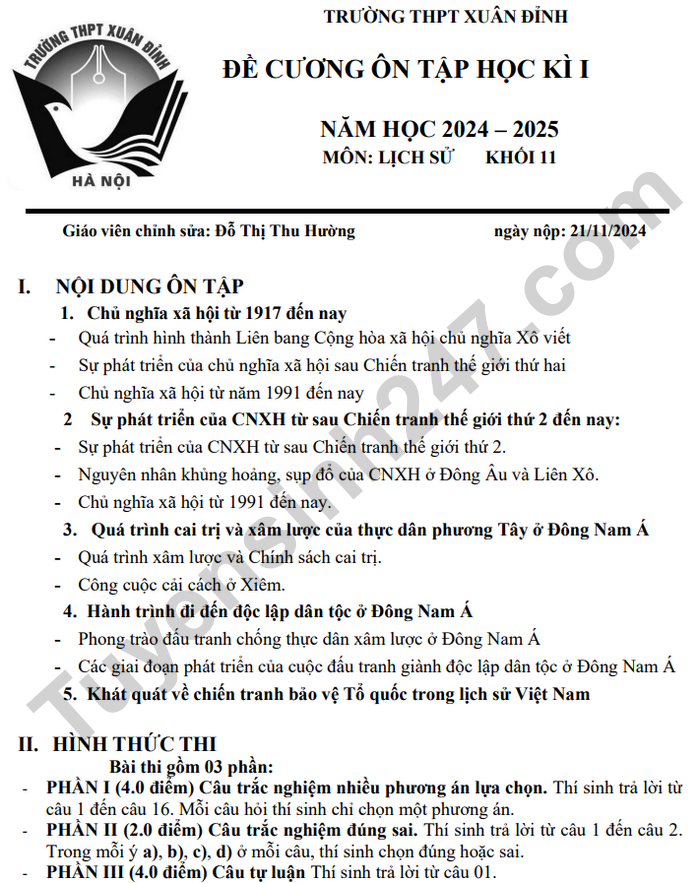 De cuong on tap ki 1 THPT Xuan Dinh 2024 - mon Su lop 11