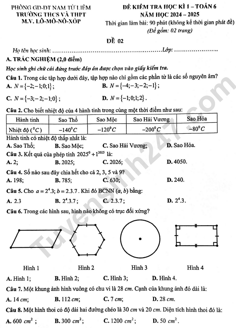 De thi HK1 lop 6 mon Toan - THCS va THPT M.V.Lo-Mo-No-Xop 2024