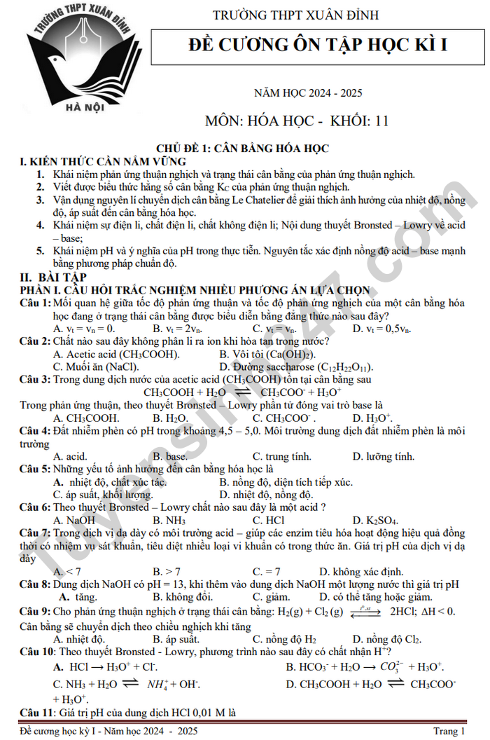 De cuong hoc ki 1 nam 2024 THPT Xuan Dinh - lop 11 mon Hoa