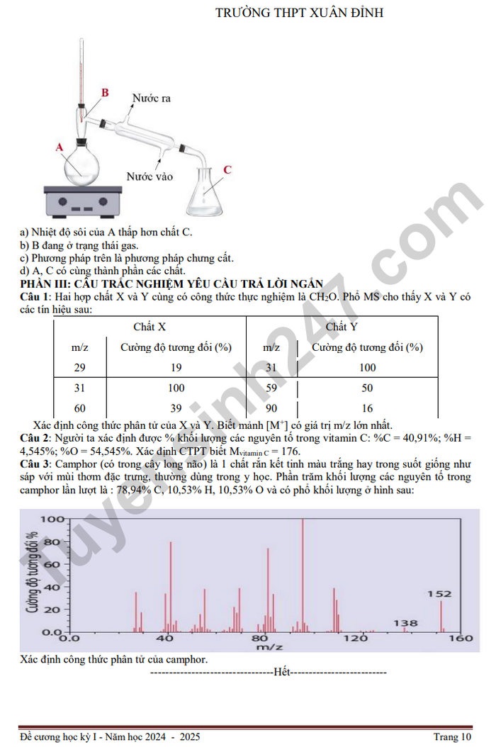 De cuong hoc ki 1 nam 2024 THPT Xuan Dinh - lop 11 mon Hoa