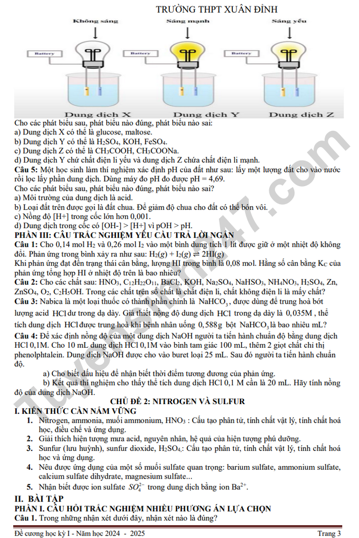 De cuong hoc ki 1 nam 2024 THPT Xuan Dinh - lop 11 mon Hoa