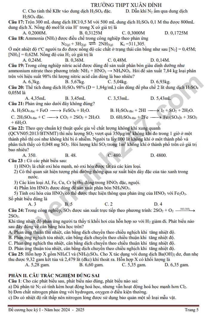 De cuong hoc ki 1 nam 2024 THPT Xuan Dinh - lop 11 mon Hoa