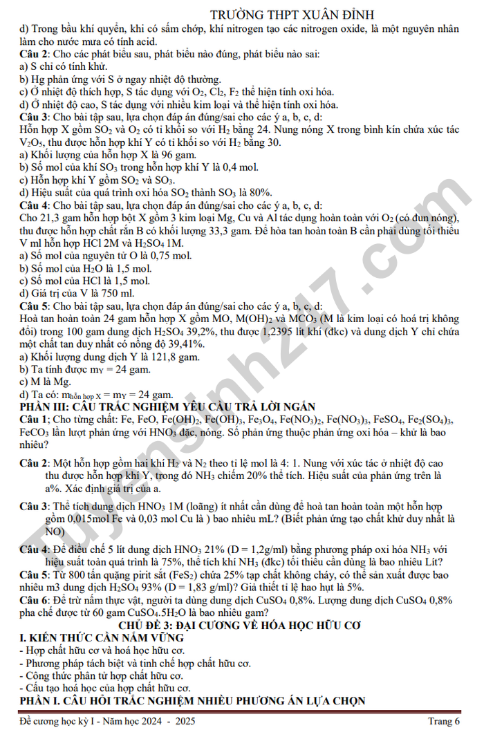 De cuong hoc ki 1 nam 2024 THPT Xuan Dinh - lop 11 mon Hoa