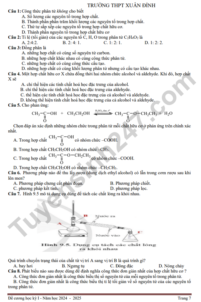 De cuong hoc ki 1 nam 2024 THPT Xuan Dinh - lop 11 mon Hoa