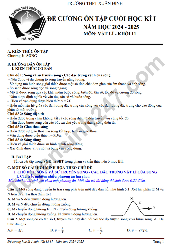 De cuong hoc ki 1 mon Ly lop 11 THPT Xuan Dinh 2024