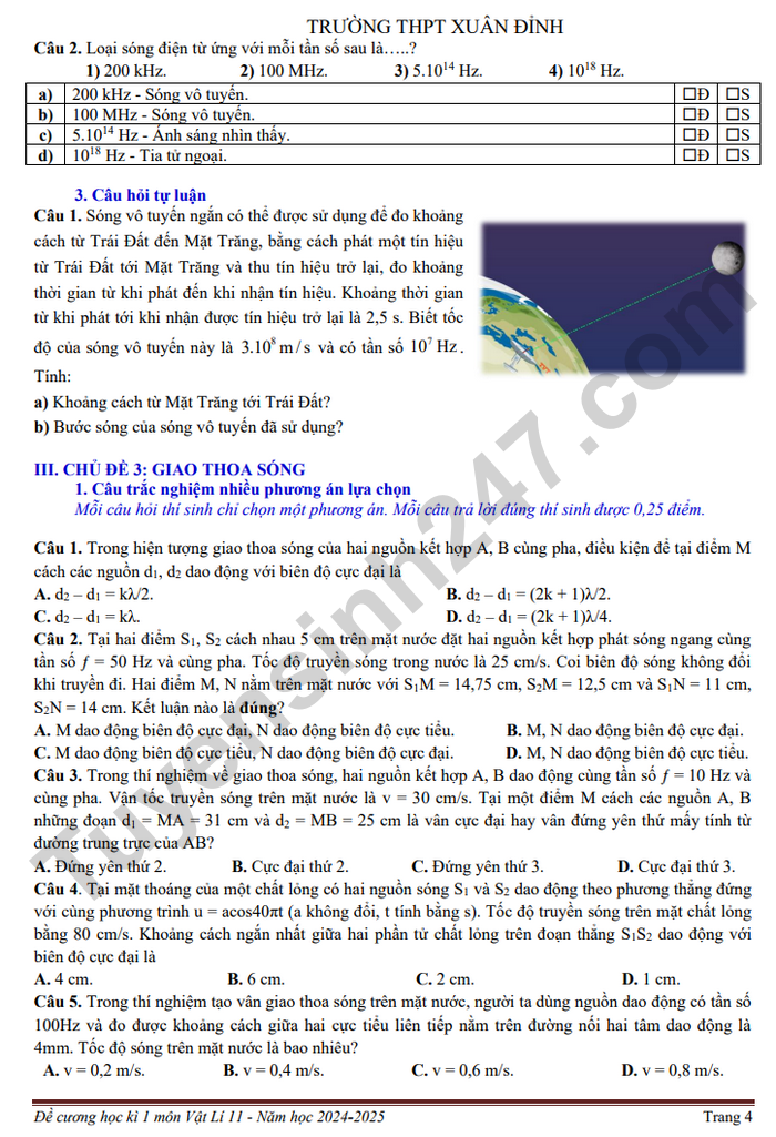 De cuong hoc ki 1 mon Ly lop 11 THPT Xuan Dinh 2024