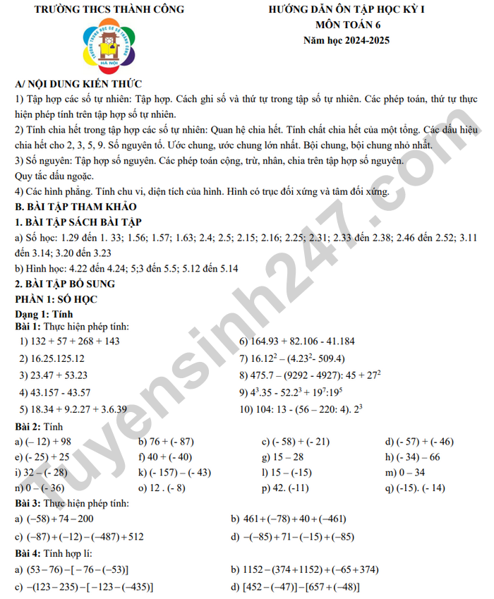 Huong dan on tap HK1 mon Toan 6 THCS Thanh Cong 2024