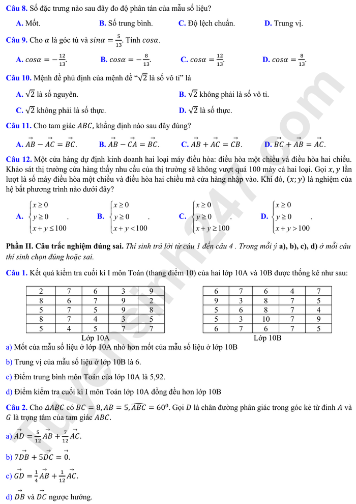 De thi hoc ki 1 lop 10 mon Toan 2024 - THPT Chuyen Hung Vuong (Co dap an)