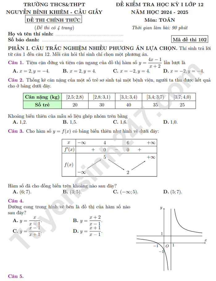 De thi ki 1 mon Toan lop 12 nam 2024 - THCS&THPT Nguyen Binh Khiem (Co dap an)