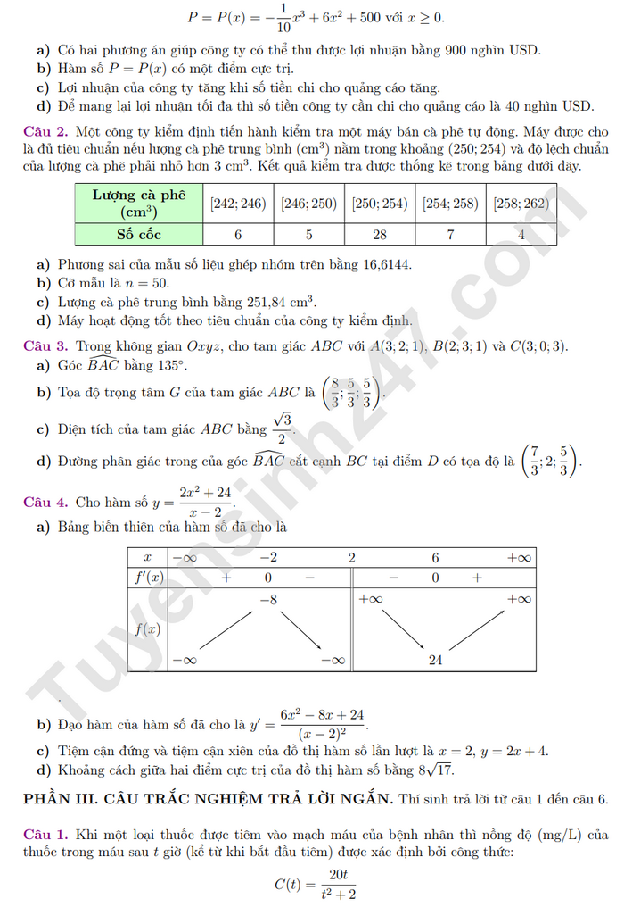 De thi ki 1 mon Toan lop 12 nam 2024 - THCS&THPT Nguyen Binh Khiem (Co dap an)