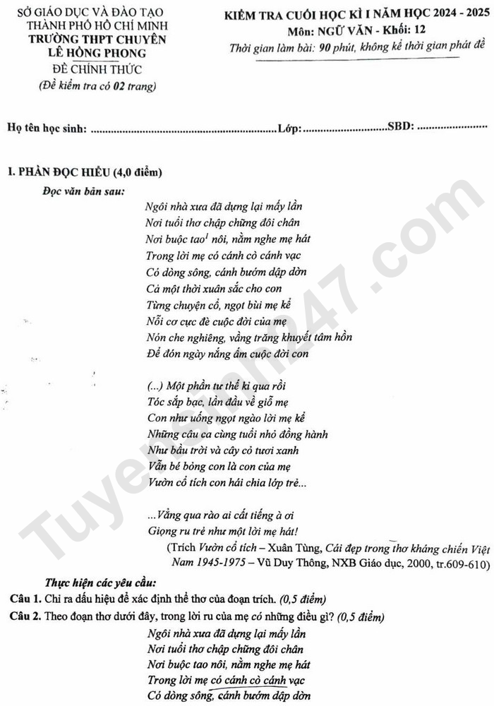 De thi hoc ki 1 lop 12 mon Van nam 2024 - THPT Chuyen Le Hong Phong