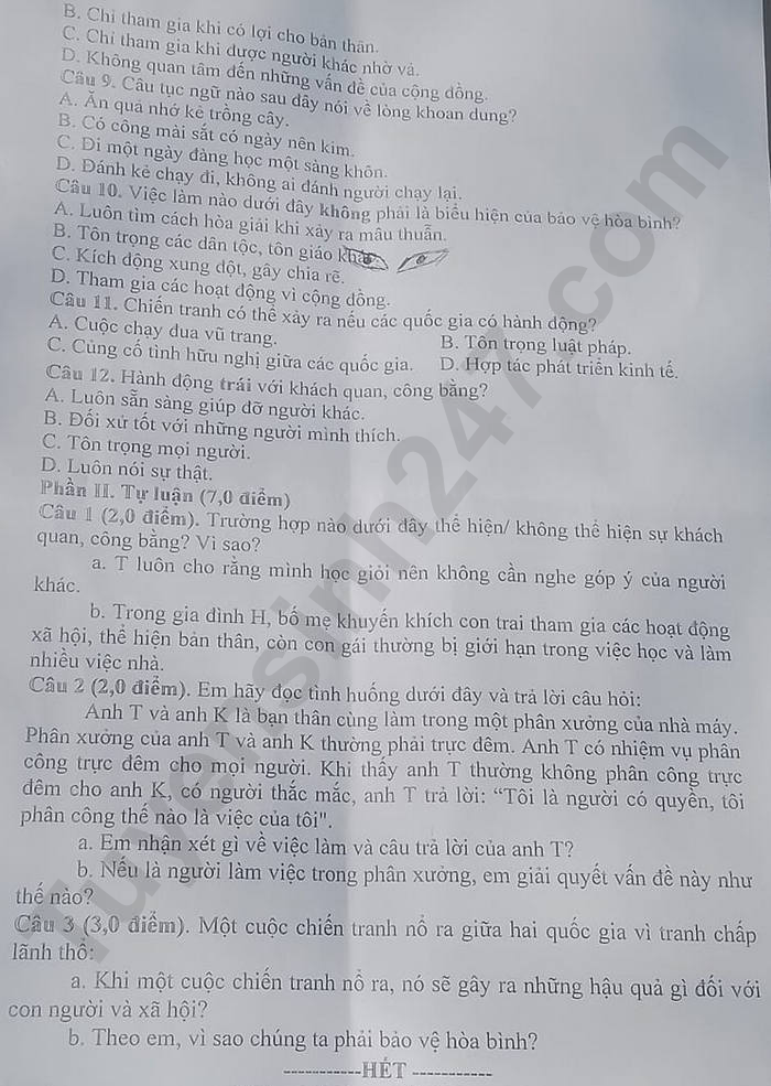 De thi hoc ki 1 mon GDCD lop 9 nam 2024 - Phong GD Huu Lung