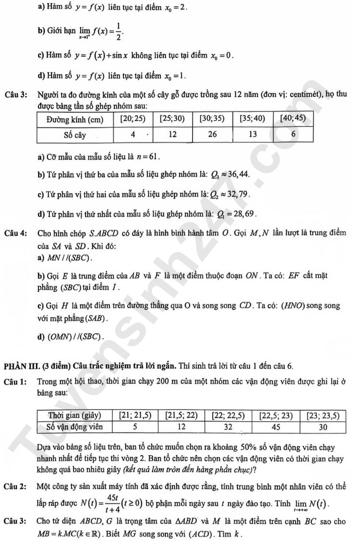 De thi HK 1 mon Toan lop 11 nam 2024 - THPT Le Quy Don