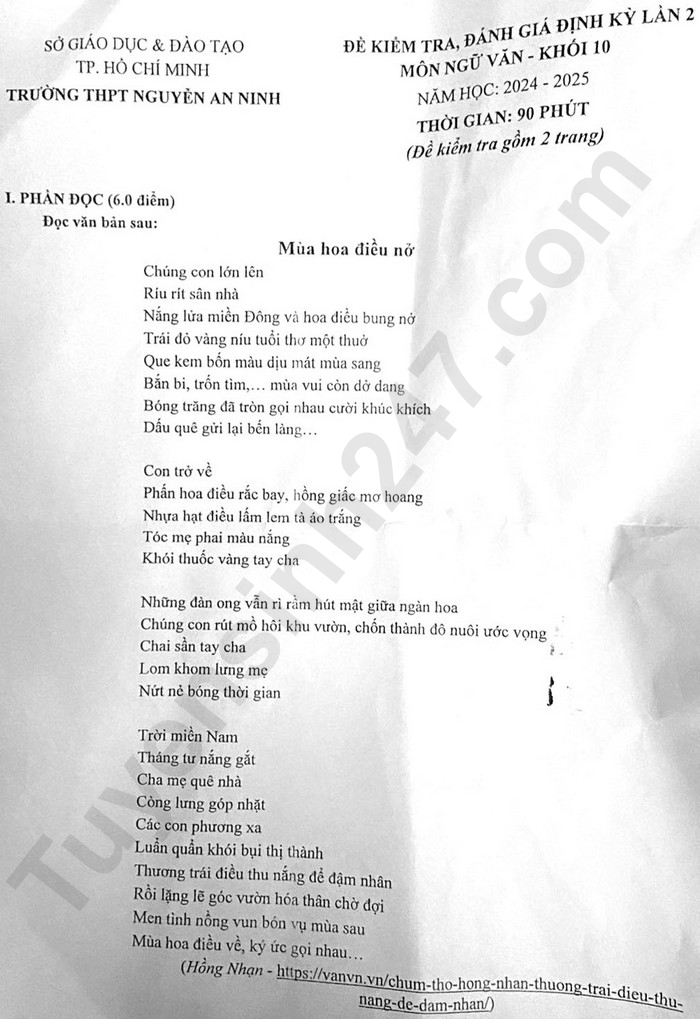 De thi hoc ki 1 mon Van lop 10 nam 2024 - THPT Nguyen An Ninh