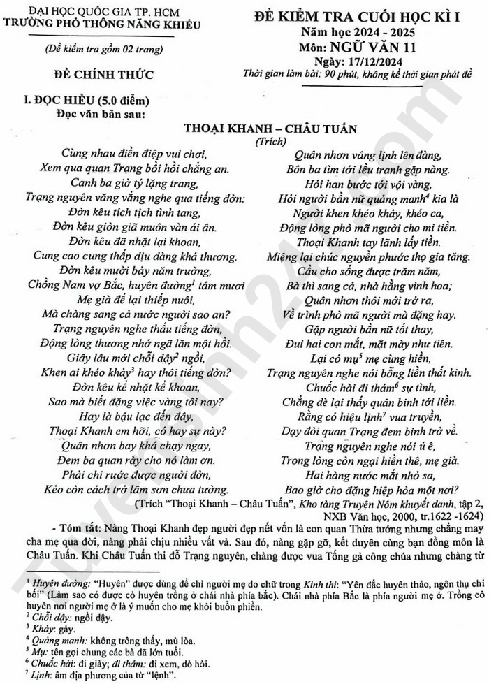 De thi hoc ki 1 mon Van lop 11 nam 2024 - Truong Pho thong Nang khieu