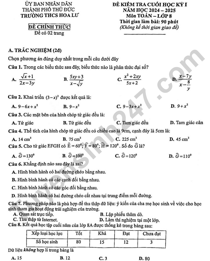 De thi cuoi ki 1 lop 8 mon Toan 2024 - THCS Hoa Lu