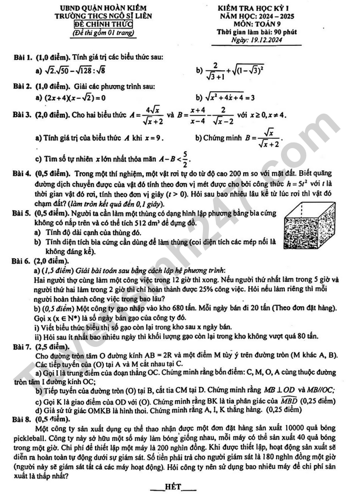 De thi hoc ki 1 nam 2024 mon Toan 9 - THCS Ngo Si Lien