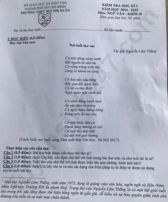 De thi hoc ki 1 lop 10 mon Van nam 2024 - THPT Bui Thi Xuan