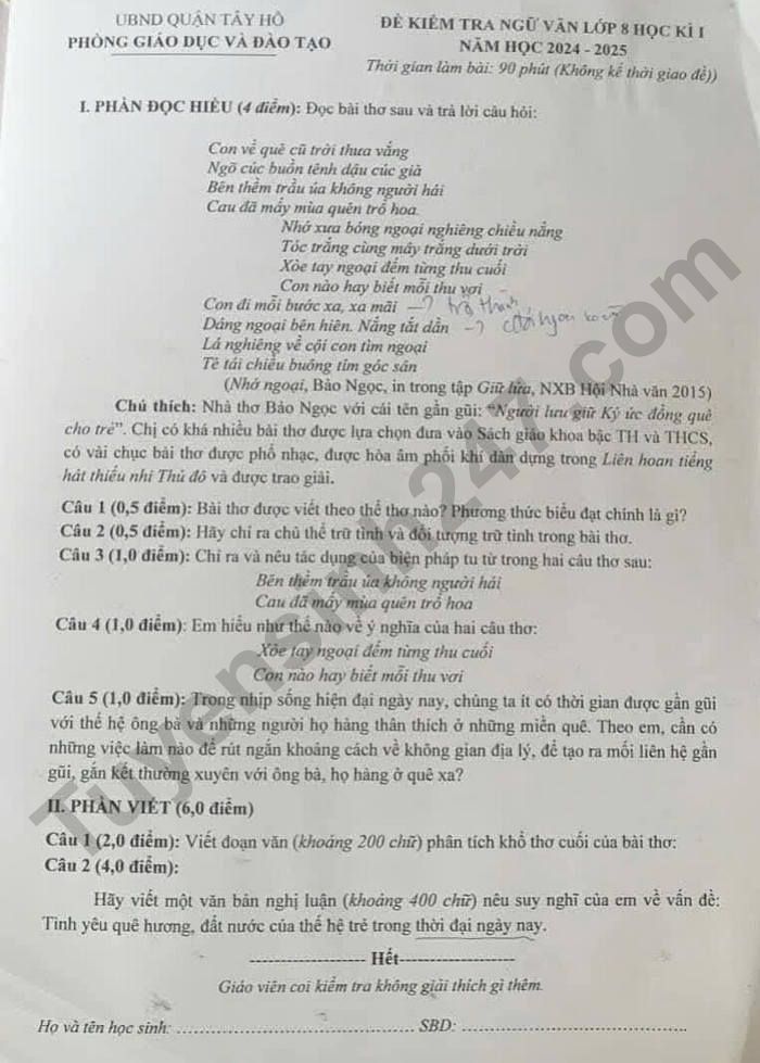 De thi hoc ki 1 mon Van lop 8 - Quan Tay Ho 2024